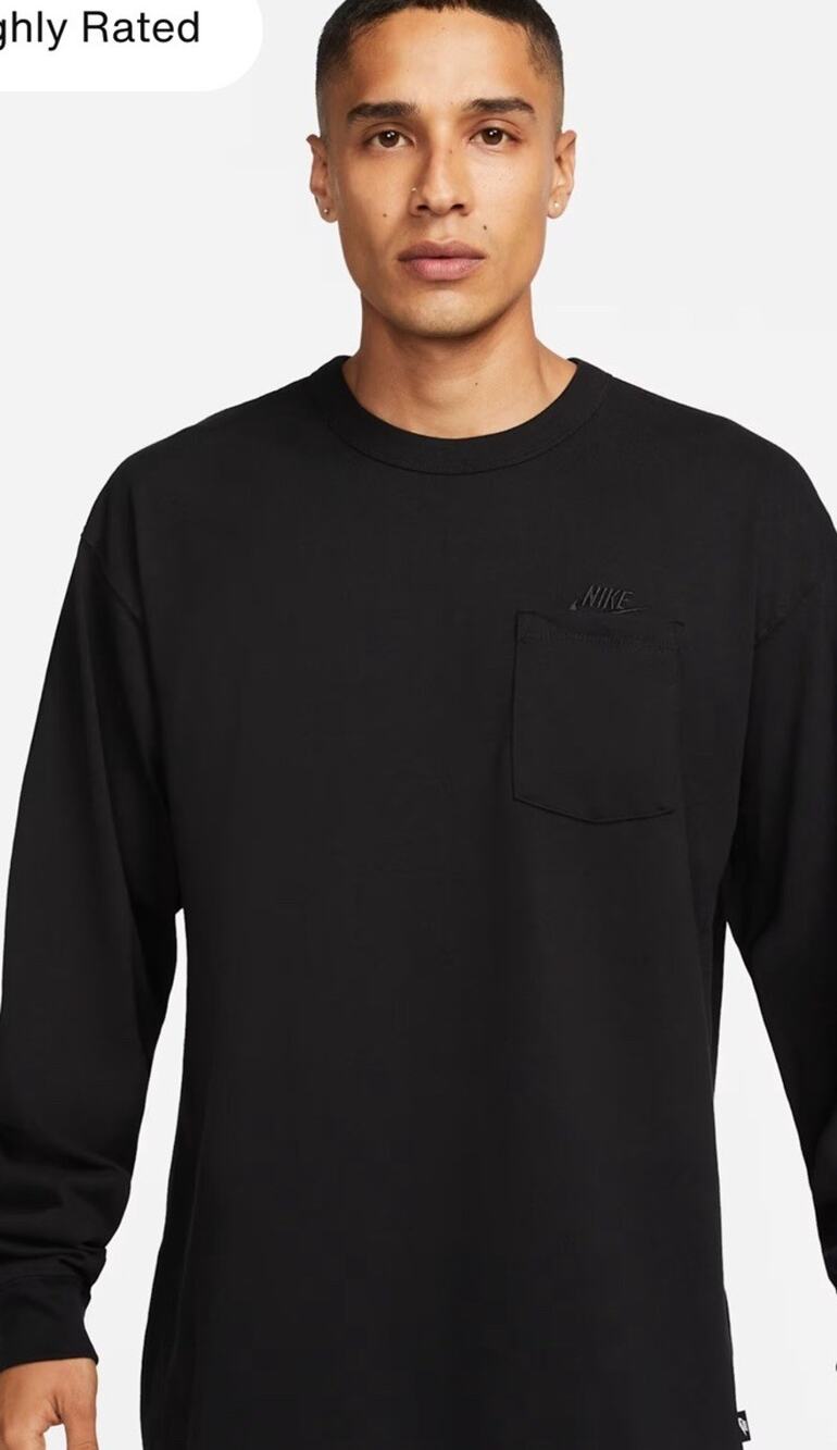 Nike The Nike Tee Loose Fit Men’s Long Sleeve Blk Shirt Sz L 100% Cotton Pocket